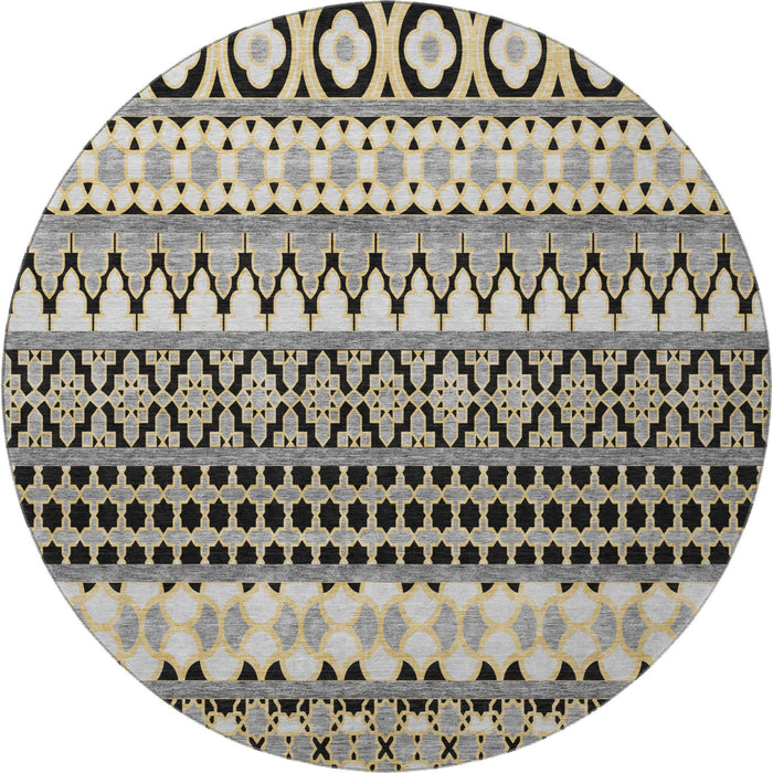 8' Copper Ikat Washable Round Rug With UV Protection - Charcoal