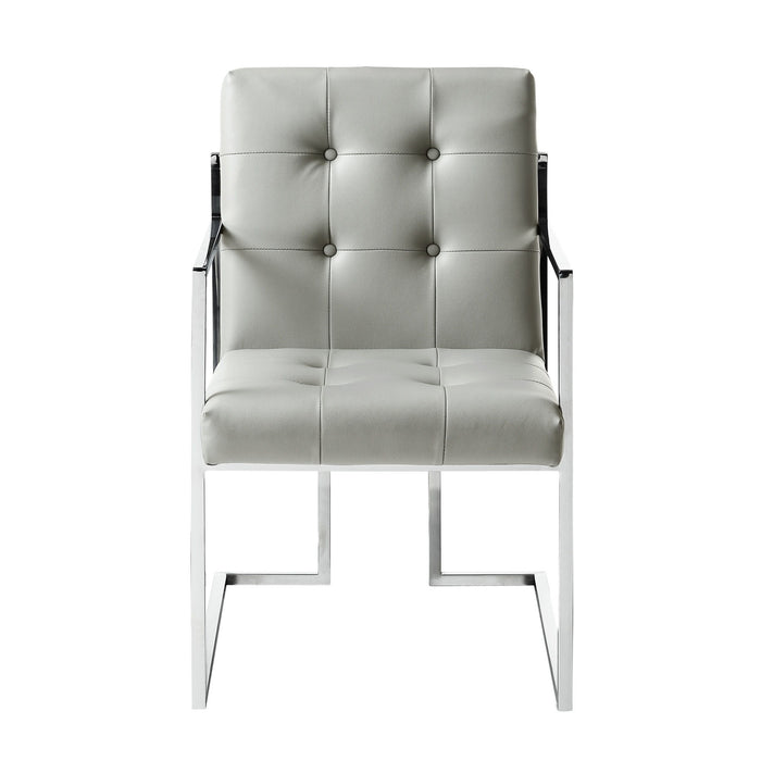 Tufted And Metallic Upholstered Faux Leather Dining Arm Chairs (Set of 2) - Light Gray