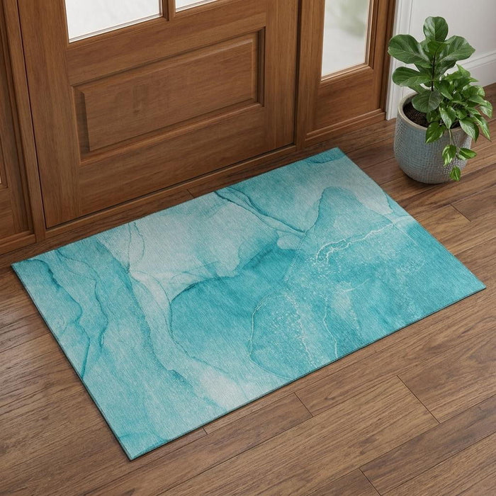 3' X 5' Abstract Washable Area Rug With UV Protection (646883) - Teal / Ivory