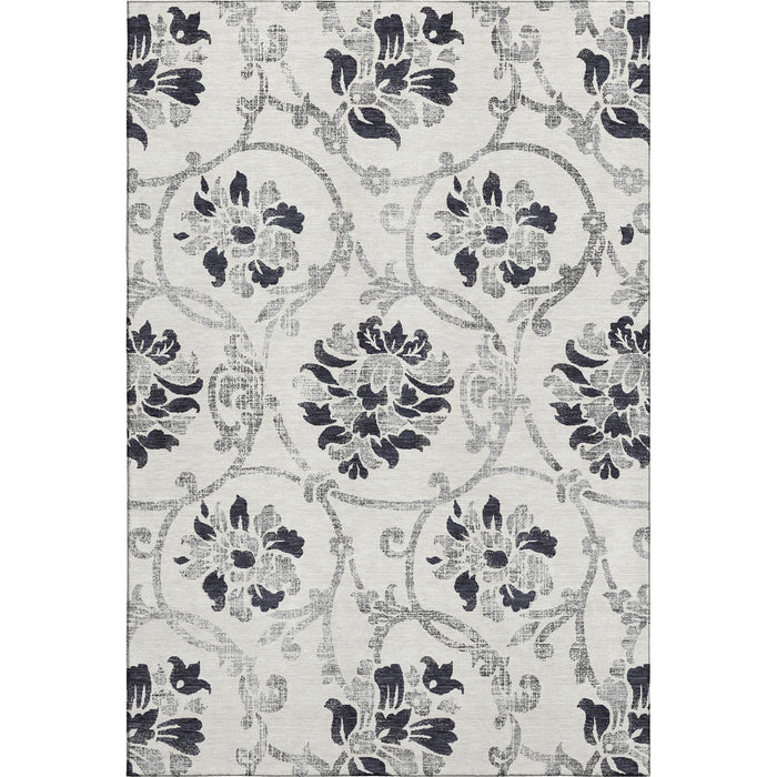 10' X 14' Floral Washable Area Rug With UV Protection - Black And Ivory