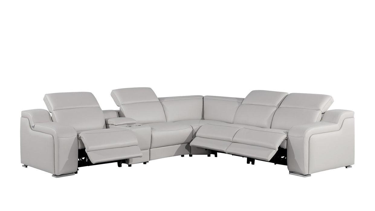 Italian Leather Power Reclining Curved Six Piece Corner Sectional With Console - Light Gray