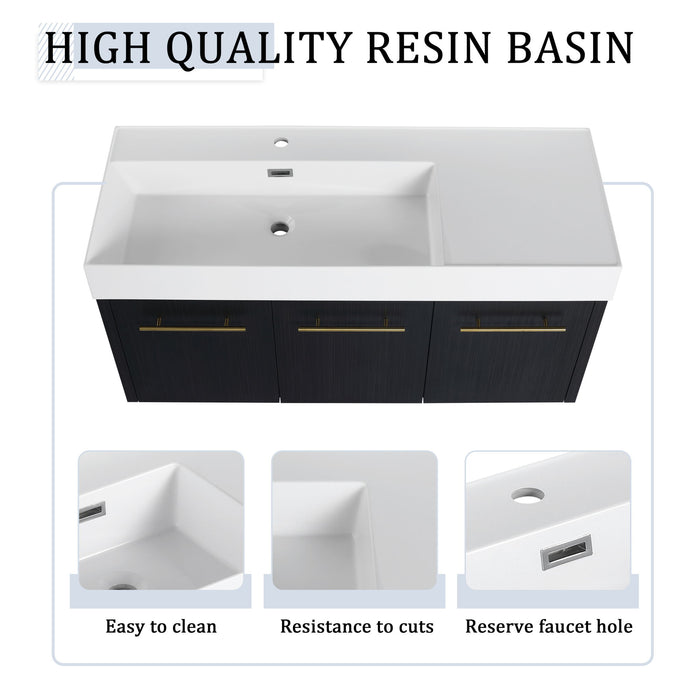 Modern Giga chestnut wall-mounted bathroom vanity with a left resin sink and storage rack in black chestnut finish.