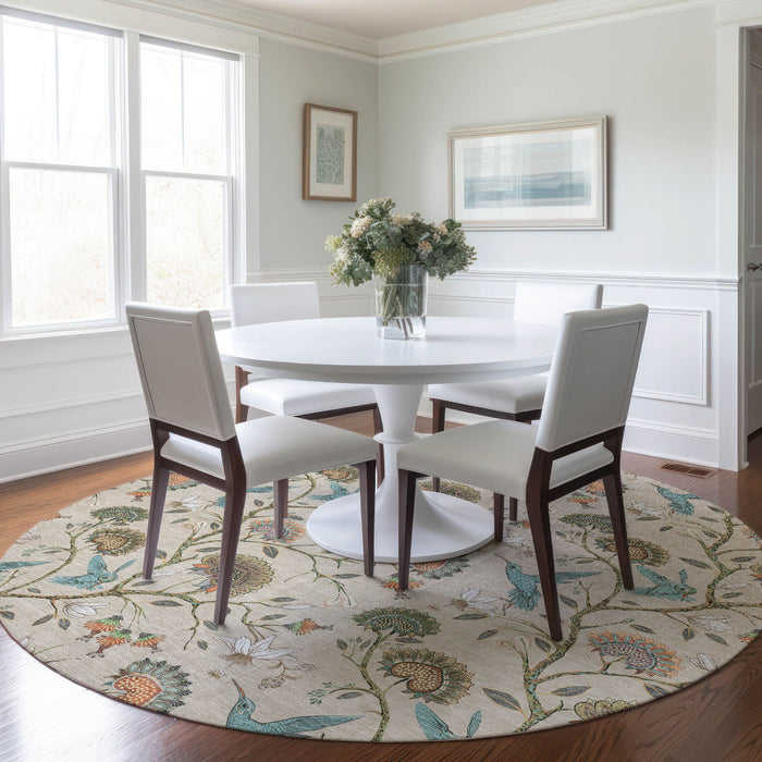 8' Cottage Geometric Washable Round Rug With UV Protection - Beige
