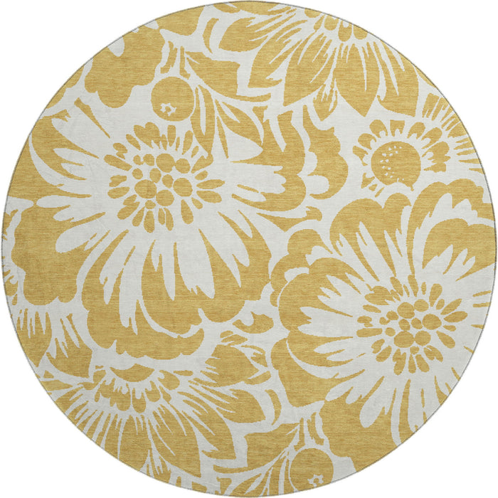 8' Floral Washable Round Rug With UV Protection (648643) - Gold / Ivory