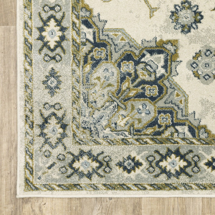 8' x 10' Oriental Power Loom Stain Resistant Area Rug - Ivory Blue Teal Gray And Olive Green