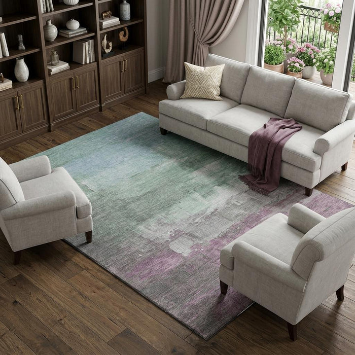 10' X 14' Abstract Washable Area Rug With UV Protection (693900) - Artichoke Green / Pale Aqua / Blush