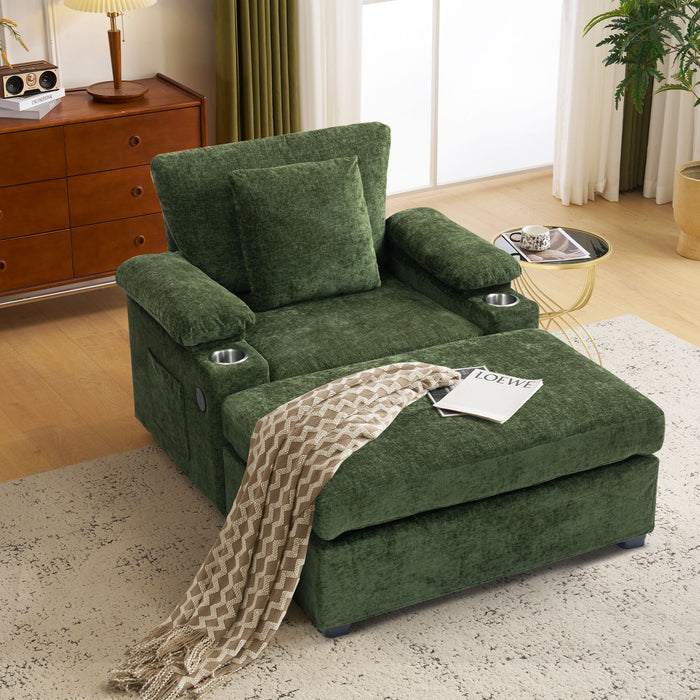 Giga modern oversized stationary chair with matching ottoman, built-in cupholders, and USB charging ports in a contemporary living room setting.