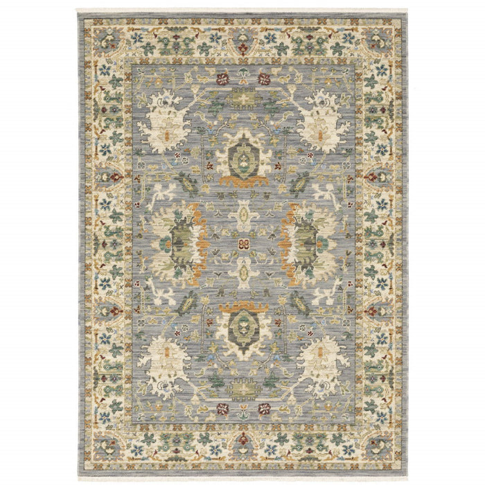 8' x 11' Oriental Power Loom Stain Resistant Area Rug With Fringe - Gray Ivory Orange Teal Green Charcoal Blue And Red