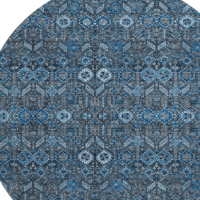 8' Tribal Washable Round Rug With UV Protection (649855) - Blue / Ivory