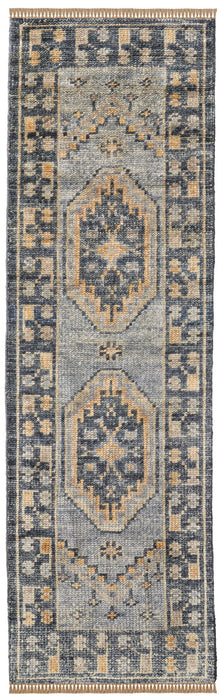 14' Wool Oriental Hand Knotted Runner Rug With Fringe - Blue Gray And Tan
