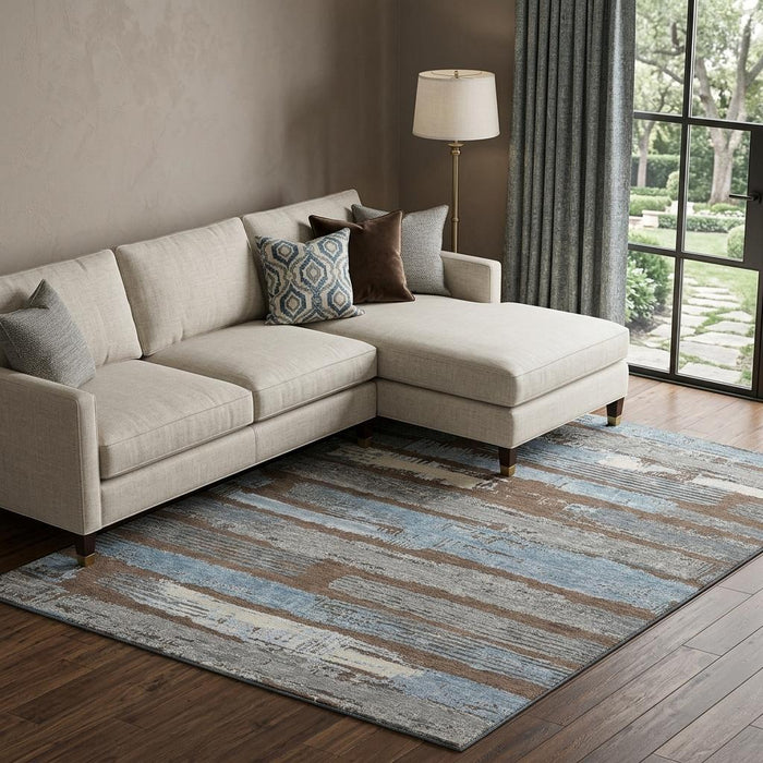 10' X 14' Striped Washable Area Rug With UV Protection (696488) - Chocolate / Blue / Gray