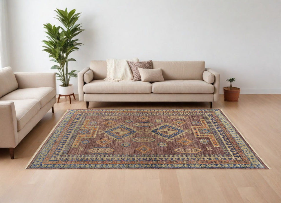 8' x 10' Wool Geometric Hand Knotted Area Rug With Fringe - Blue Red And Tan
