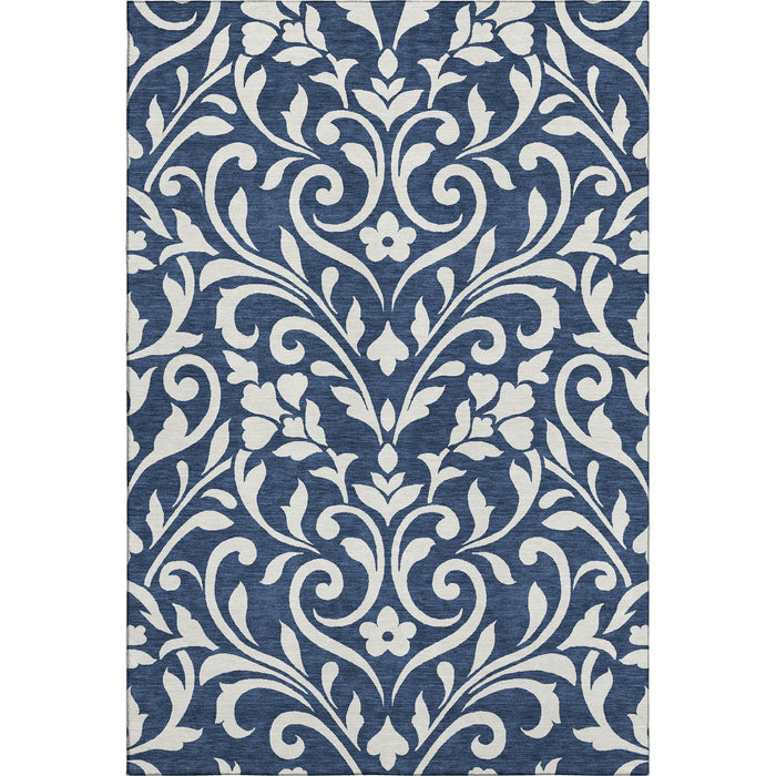 10' X 14' Floral Washable Area Rug With UV Protection (669630) - Navy Blue / Ivory