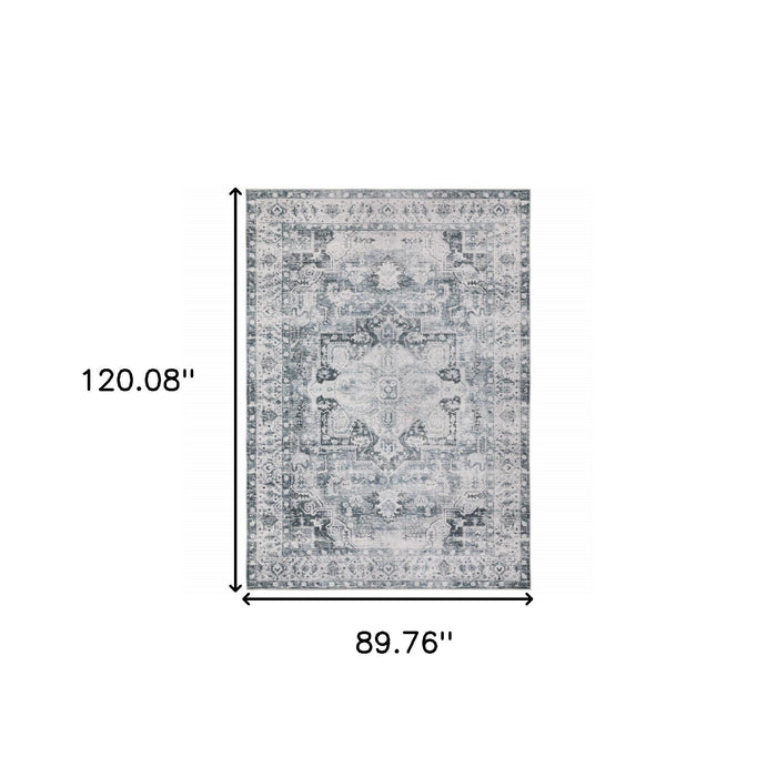 7' x 10' Oriental Printed Stain Resistant Non Skid Area Rug - Navy Blue Ivory And Gray