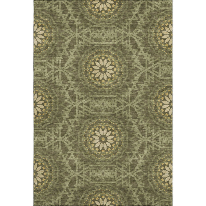 10' X 14' Geometric Washable Area Rug With UV Protection (652269) - Olive Green / Gold
