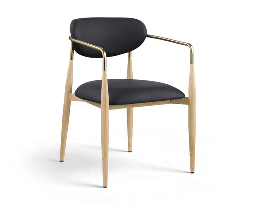 Vegan leather upholstered dining arm chair with natural wood legs, Meridian Furniture Ronda arm chair for stylish dining rooms.