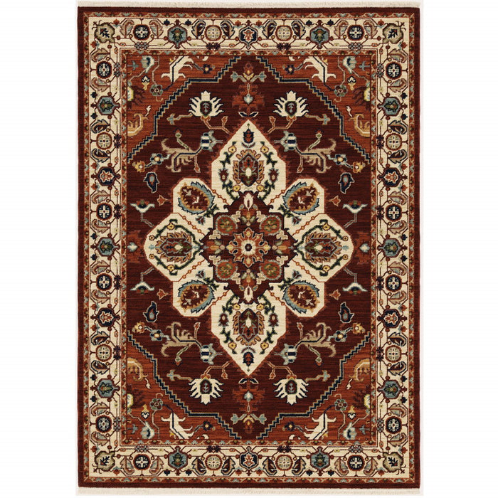 6' x 9' Oriental Power Loom Stain Resistant Area Rug With Fringe - Red Ivory Orange And Blue
