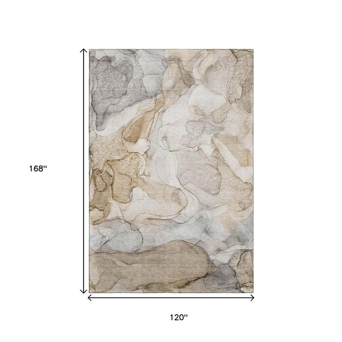 10' X 14' Abstract Washable Area Rug With UV Protection (647002) - Beige / Ivory