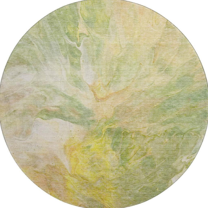 8' Abstract Washable Round Rug With UV Protection (653485) - Green / Peach / Yellow