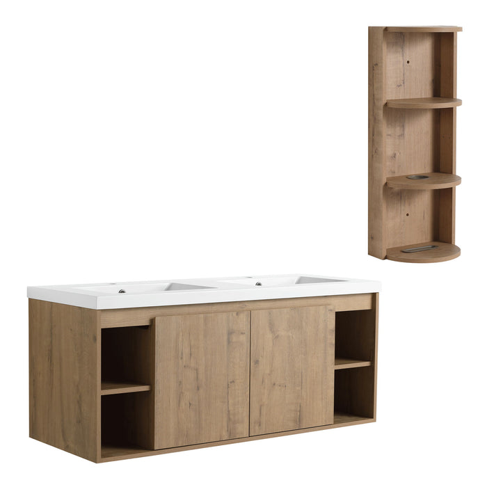 Modern 48-inch Giga wall-mounted bathroom vanity with double resin sinks, storage rack, soft-close doors, in imitation oak finish.