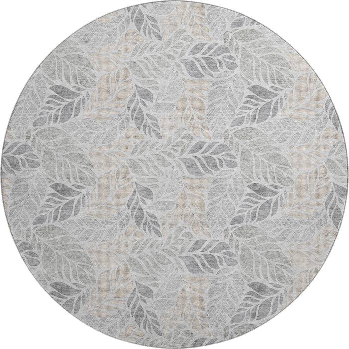 8' Tropical Botanical Distressed Washable Round Rug With UV Protection (646322) - Light Gray / Taupe / Charcoal