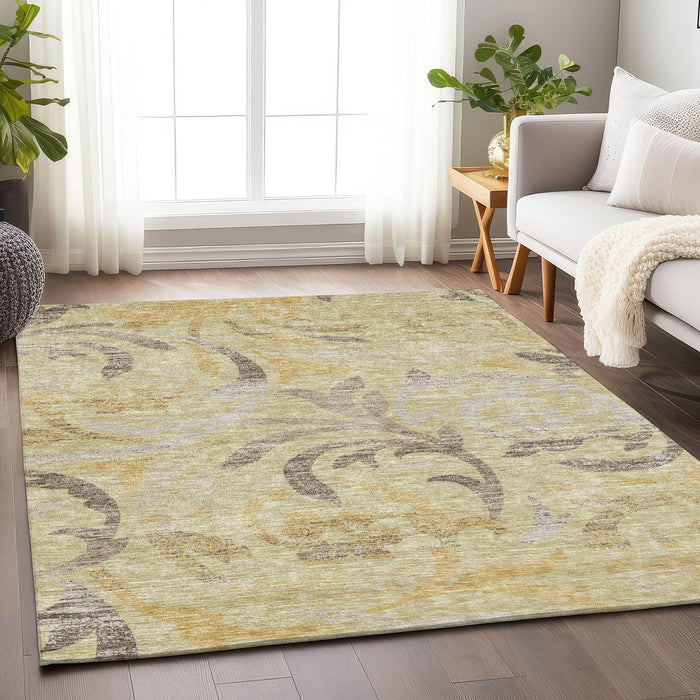 10' X 14' Floral Washable Area Rug With UV Protection - Gold