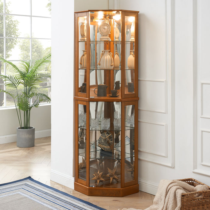 Giga 6-shelf corner curio display cabinet with lights, mirrors, and adjustable shelves for showcasing collectibles.