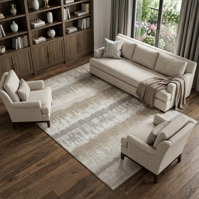 10' X 14' Striped Washable Area Rug With UV Protection (679522) - Ivory / Beige / Gray