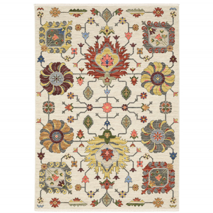 6' x 9' Oriental Power Loom Stain Resistant Area Rug With Fringe - Ivory Yellow Rust Green Gray Pink Orange Blue And Gray
