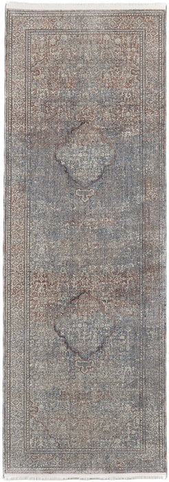 10' Floral Power Loom Stain Resistant Runner Rug - Blue Red And Gray