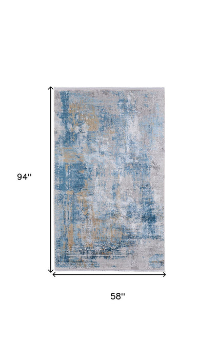 5' X 8' Abstract Power Loom Area Rug With Fringe - Blue