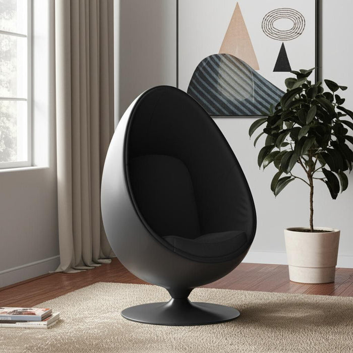 35" Contemporary Fiberglass And Wool Swivel Egg Chair - Black