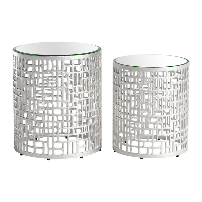 Mirrored Glass Aluminum Round Pedestal End Table - Silver