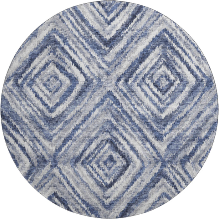 8' Geometric Washable Round Rug With UV Protection - Blue / Gray