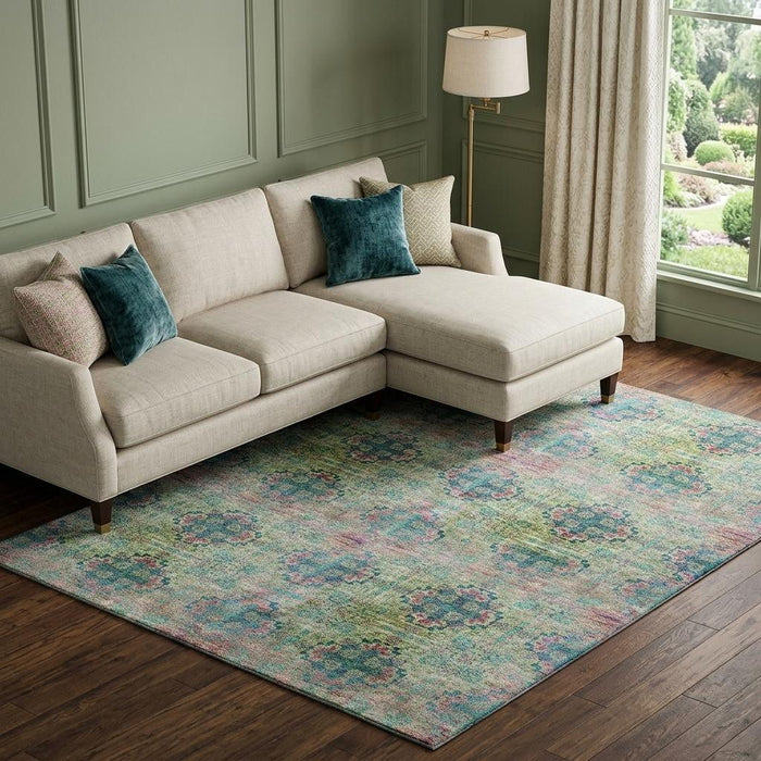 10' X 14' Floral Medallion Distressed Washable Area Rug With UV Protection (648928) - Green / Blush / Teal