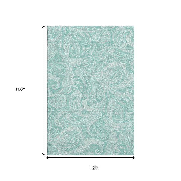 10' X 14' Paisley Washable Area Rug With UV Protection (654680) - Teal / Ivory