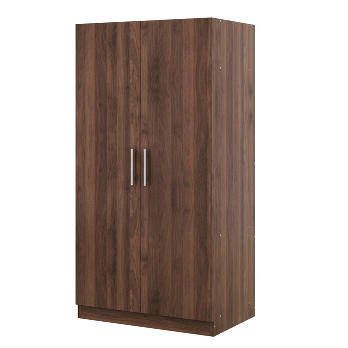 Brown Giga wooden wardrobe armoire with two doors and three storage shelves, showcasing a sturdy, stylish bedroom storage solution.