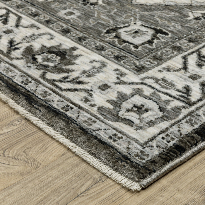 10' X 13' Medallion Area Rug With Fringe - Charcoal And Ivory