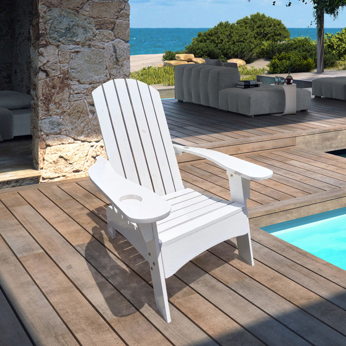 Giga outdoor or indoor wood Adirondack armchair with built-in umbrella hole on the arm, natural wood finish, and comfortable design.