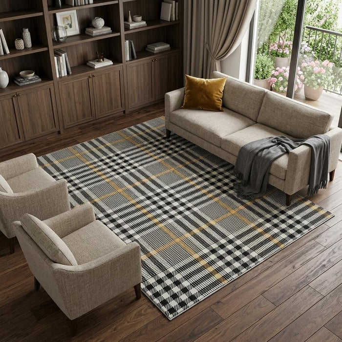 10' X 14' Plaid Washable Area Rug With UV Protection (682607) - Black / Ivory / Gold
