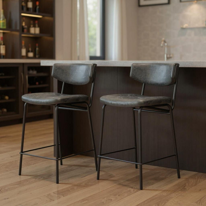 30" Faux Leather And Steel Low Back Height Bar Chairs (Set of 2) - Black
