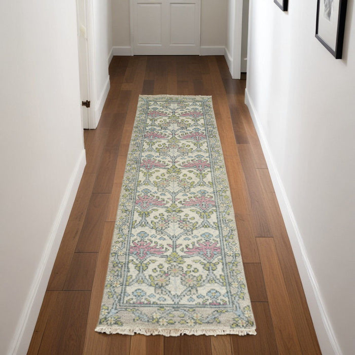 8' Wool Floral Hand Knotted Runner Rug - Ivory Gray And Pink