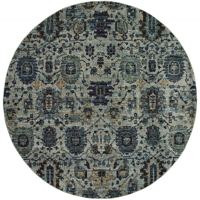 8' Round Oriental Power Loom Area Rug - Blue Green