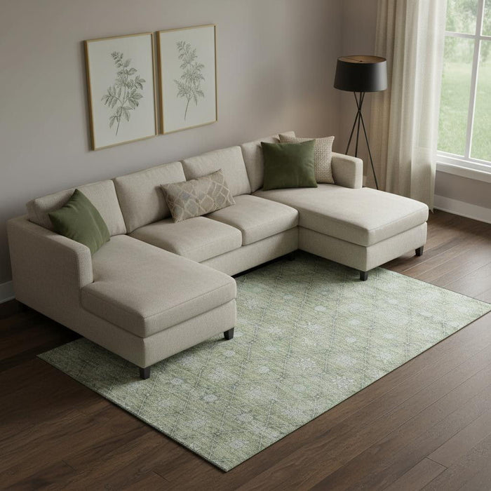 10' X 14' Geometric Washable Area Rug With UV Protection (706025) - Artichoke Green / Beige