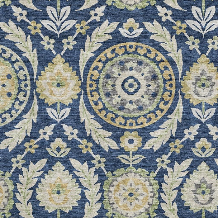 10' X 14' Floral Washable Area Rug With UV Protection - Navy Blue