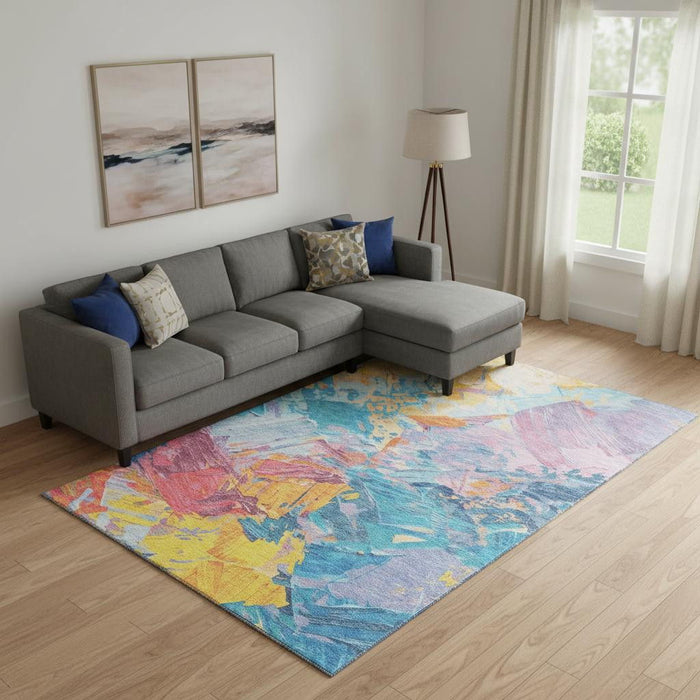 10' X 14' Abstract Washable Area Rug With UV Protection (697968) - Blue / Yellow / Pink