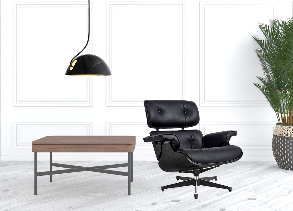 Black tufted genuine leather swivel lounge chair with matching ottoman by HomeRoots, featuring a stylish stationary design.