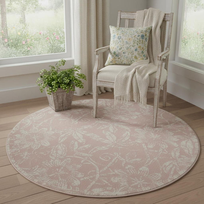 5' Floral Distressed Round Rug (552433) - Pink / Ivory