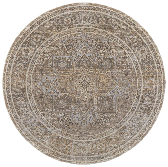 8' Round Medallion Power Loom Distressed Area Rug - Brown And Ivory
