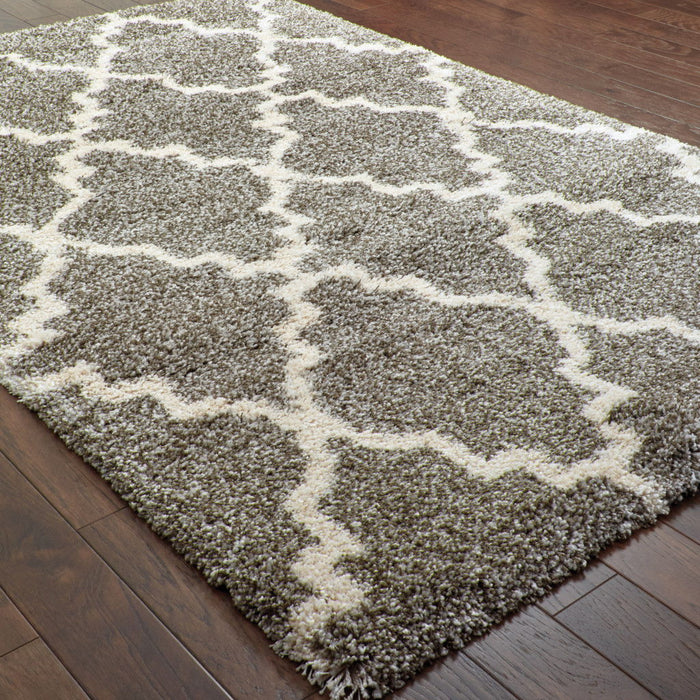 9.8' x 12.8' Geometric Shag Power Loom Stain Resistant Polypropylene Area Rug - Grey And Ivory